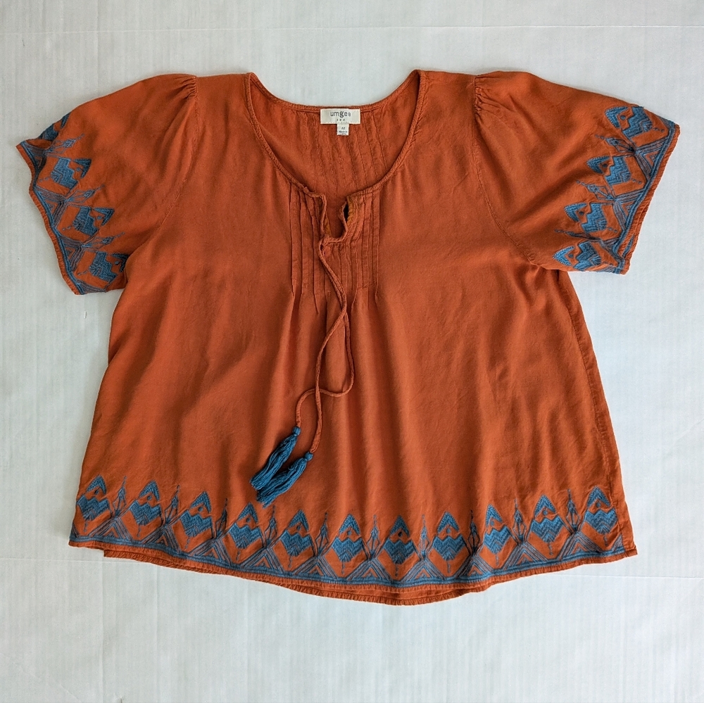 Umgee Burnt Orange and Blue Embroidery Boho Shirt - Picture 3 of 13